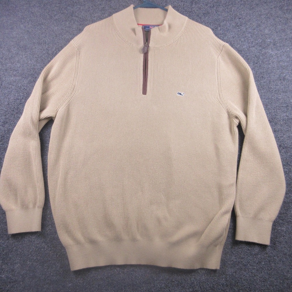 Vineyard Vines Sweater Mens XL Beige 1/4 Zip Mock Neck Whale Logo‎ Knit Pullover